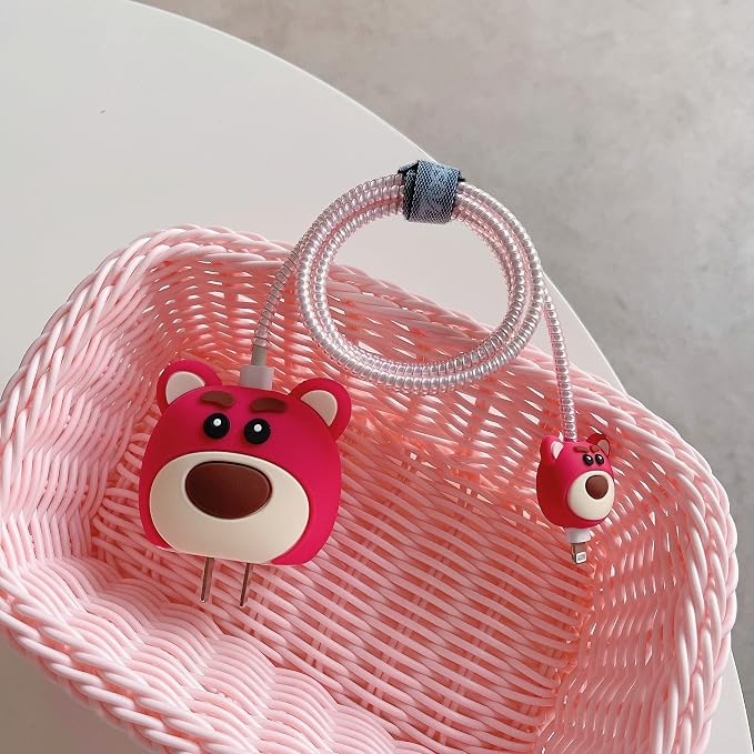 3D Cute Cartoon Charger Protector Case - Compatible for Apple 20W USB-C Power Adapter and Lightning Cable (Pink 02)