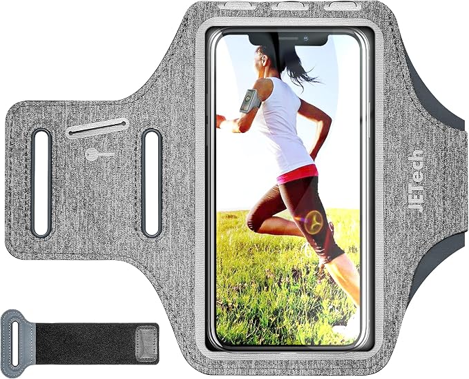 JETech Phone Armband Holder with Key Holder and Card Slot for Phone Upto 6.2 inch, iPhone 16e/16/15 Pro/15/14 Pro/14/13 Pro/13, Galaxy S23/S22, Pixel 8a, Water Resistant, Adjustable Band (Grey)