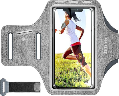 JETech Phone Armband Holder with Key Holder and Card Slot for Phone Upto 6.2 inch, iPhone 16e/16/15 Pro/15/14 Pro/14/13 Pro/13, Galaxy S23/S22, Pixel 8a, Water Resistant, Adjustable Band (Grey)