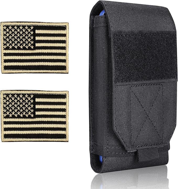 Black Tactical Molle Cellphone Pouch Case,Heavy Duty Waterproof Phone Holster Bag for iPhone 11 12 13 Pro Max for Samsung S22 S21 S20 FE Note 20 A02S Less 6.7" Phone with 2 Pack US Flag Patch
