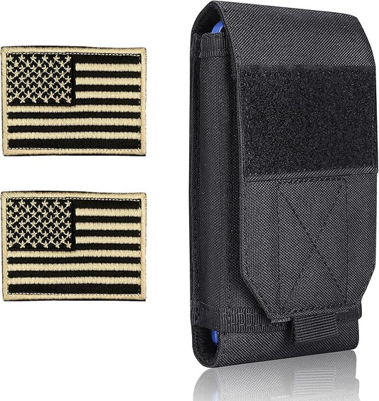 Black Tactical Molle Cellphone Pouch Case,Heavy Duty Waterproof Phone Holster Bag for iPhone 11 12 13 Pro Max for Samsung S22 S21 S20 FE Note 20 A02S Less 6.7" Phone with 2 Pack US Flag Patch