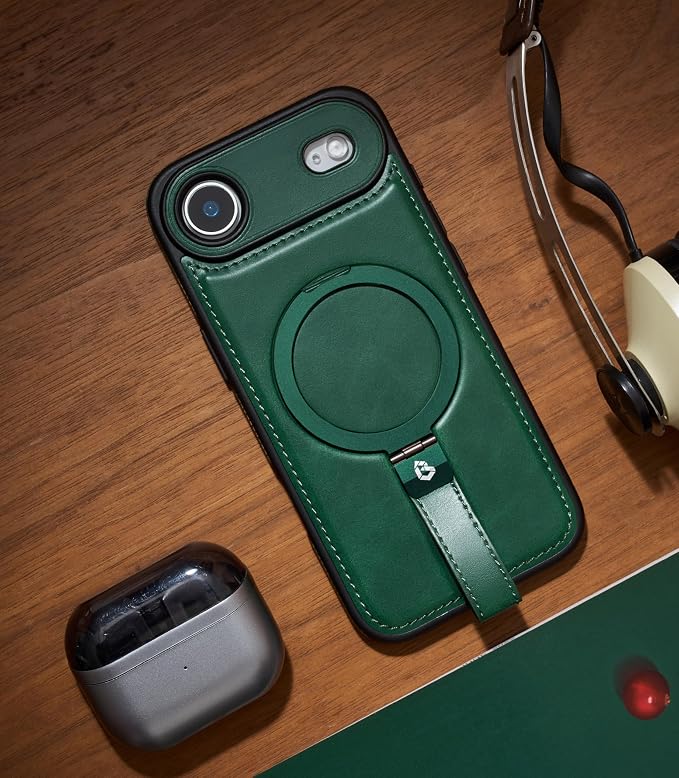 for iPhone Air Leather Case with Stand, Anti-Slip Grip Ring, Fits for MagSafe (Green,iPhone Air)
