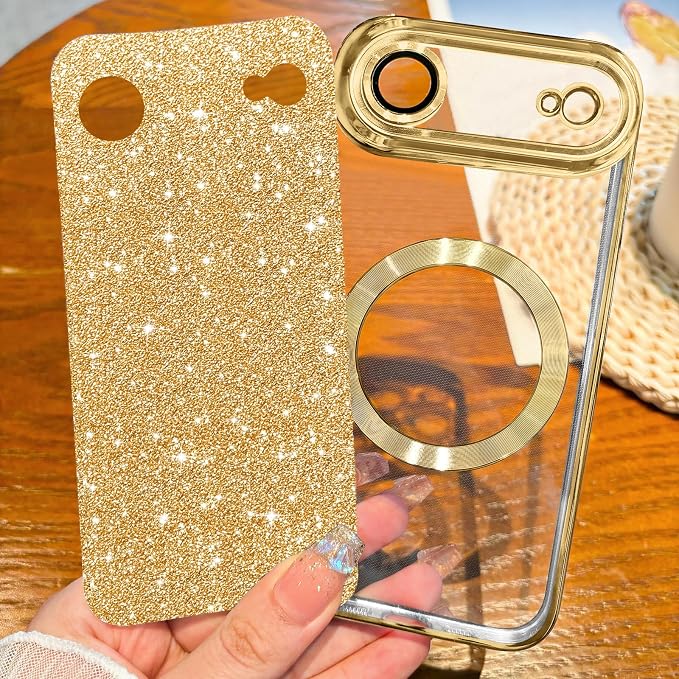 Hython for iPhone Air Case Glitter Clear Magnetic Phone Cases [Compatible with MagSafe] Full Camera Lens Protector Sparkle Luxury Plating Slim Shockproof Protective Cover Women, Gold