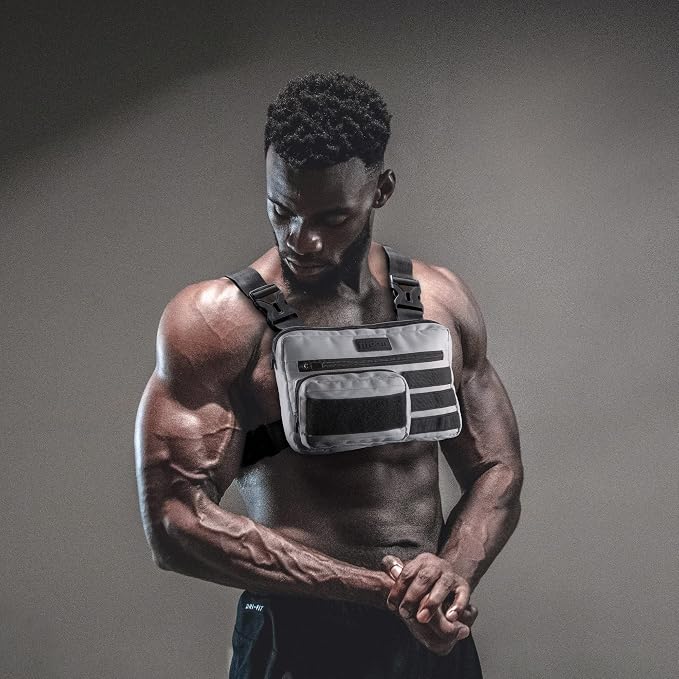 Fitdom Tactical Inspired Lightweight Running Chest Pack For Men With Built-In Phone Holder. A Sports Utility Rig Vest Made For Workouts And Outdoor