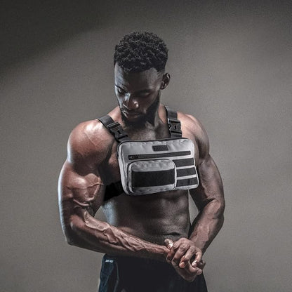 Fitdom Tactical Inspired Lightweight Running Chest Pack For Men With Built-In Phone Holder. A Sports Utility Rig Vest Made For Workouts And Outdoor
