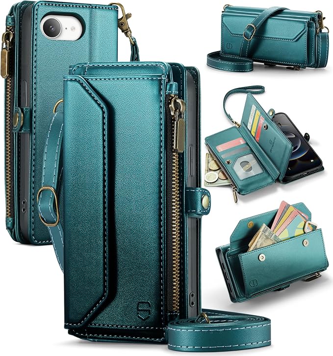 Strapurs Crossbody Wallet Case Compatible with iPhone 17e / iPhone 16e RFID Blocking 7-Card Holder PU Leather Magnetic Snap Shoulder Strap Zipper Pocket Phone Cases for iPhone 17e / 16e - Blue Green