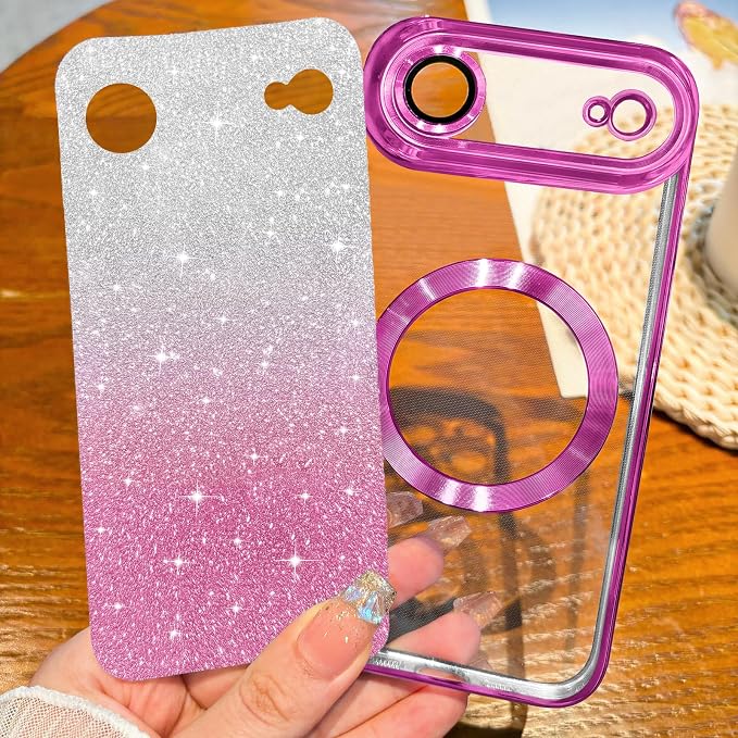 Hython for iPhone Air Case Glitter Clear Magnetic Phone Cases [Compatible with MagSafe] Full Camera Lens Protector Sparkle Luxury Plating Slim Shockproof Protective Cover, Gradient Hot Pink