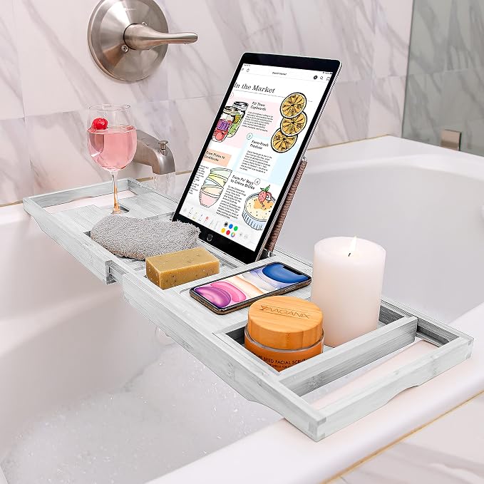 Homemaid Living Luxury Bamboo Bath Tray for Bathtub - Expandable Bathroom Caddy with Reading Rack or Tablet Holder, Premium Bath Tray with Wine Glass Holder, Fits All Bathtubs (White)