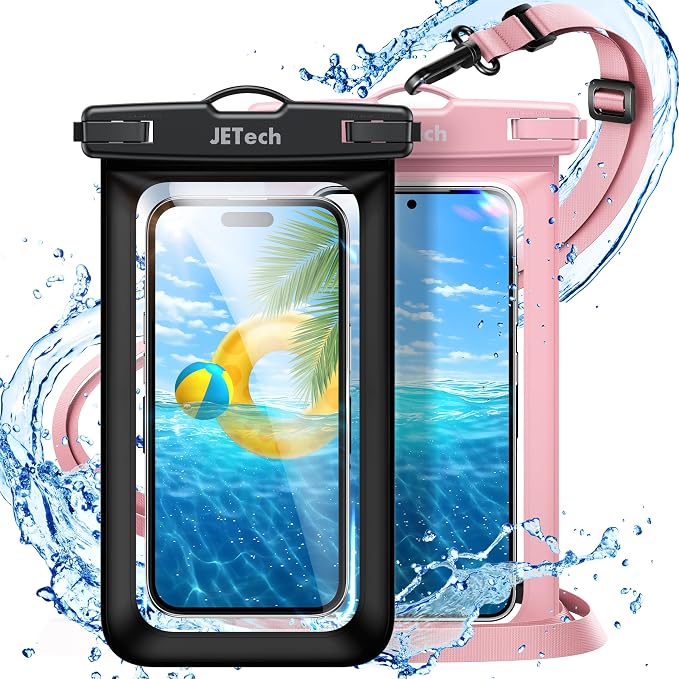 JETech Waterproof Phone Pouch, 2 Pack Water Proof Case for iPhone 17e 17 16e 16 15 14 Air Pro Max Plus, Galaxy S26 S25 Ultra, Pixel 10 Series and Others up to 7.2 Inch, IPX8 Dry Bag (Black+Pink)