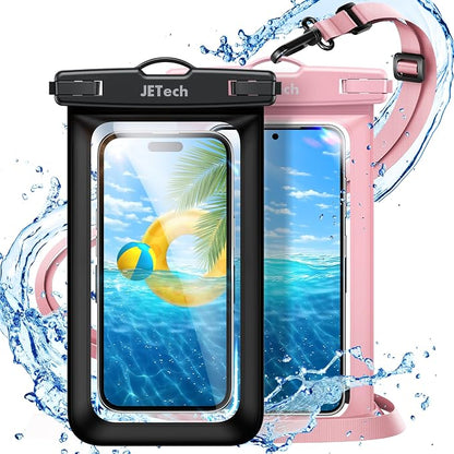 JETech Waterproof Phone Pouch, 2 Pack Water Proof Case for iPhone 17e 17 16e 16 15 14 Air Pro Max Plus, Galaxy S26 S25 Ultra, Pixel 10 Series and Others up to 7.2 Inch, IPX8 Dry Bag (Black+Pink)