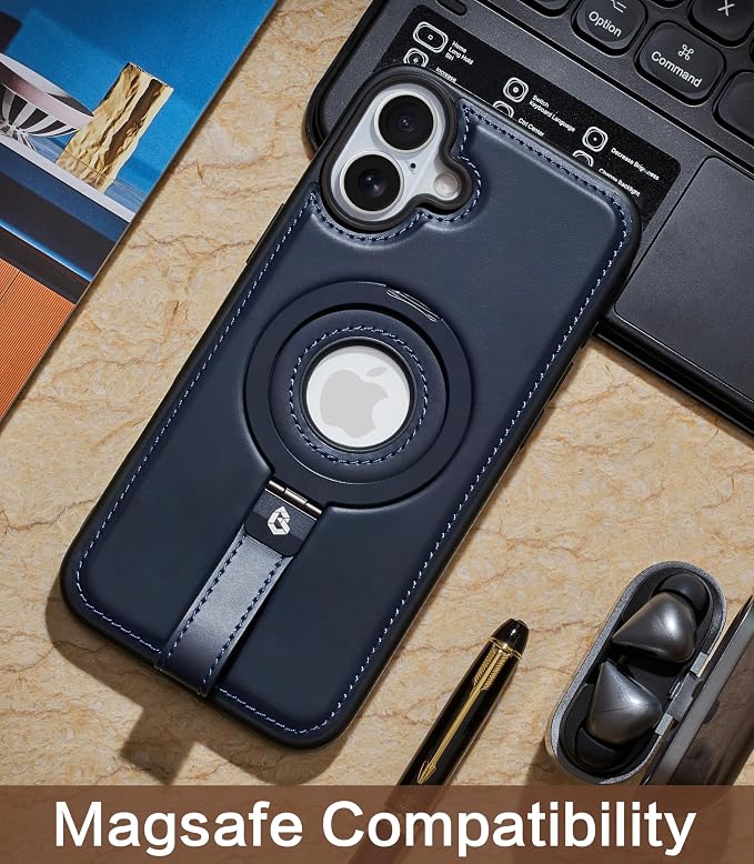 for iPhone 16 Leather Case with Stand, Anti-Slip Grip Ring, Fits for MagSafe (Blue, iPhone 16)
