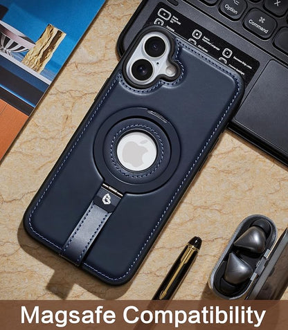 for iPhone 16 Leather Case with Stand, Anti-Slip Grip Ring, Fits for MagSafe (Blue, iPhone 16)