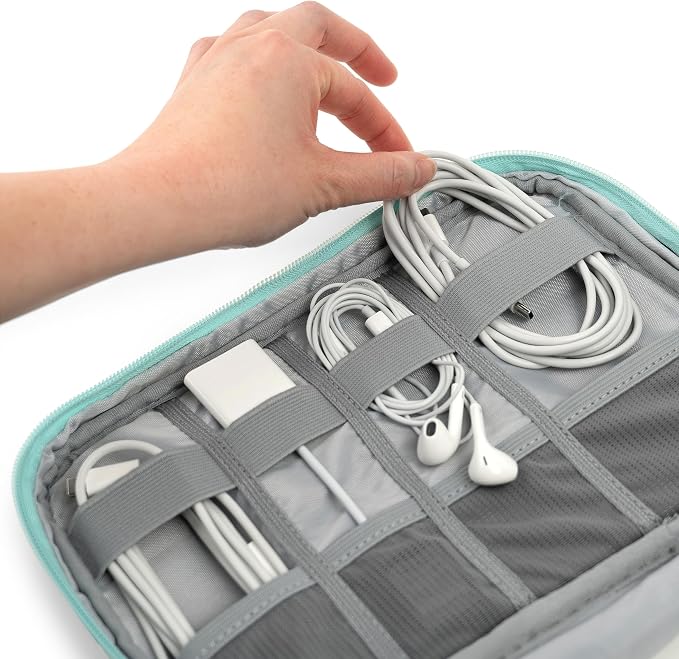 PAVILIA Travel Cord Organizer Case for Cables & Chargers, Teal Blue | 10 x 6.8 x 1.7 in 600D water-repellent electronics bag pouch with 7 loops, 5 mesh pockets, front zip pocket and dual zippers