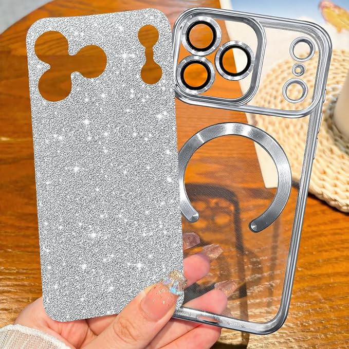 Hython for iPhone 17 Pro Max Case Glitter Clear Magnetic Phone Cases [Compatible with MagSafe] Full Camera Lens Protector Sparkle Luxury Plating Slim Shockproof Protective Cover Women, Silver