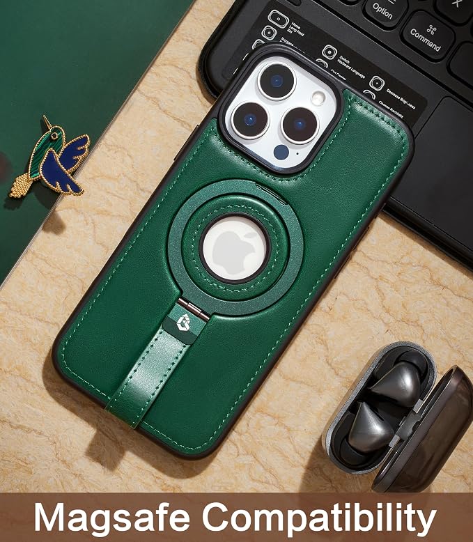 for iPhone 15 Pro Leather Case with Stand, Anti-Slip Grip Ring, Fits for MagSafe (Green, iPhone 15 Pro)