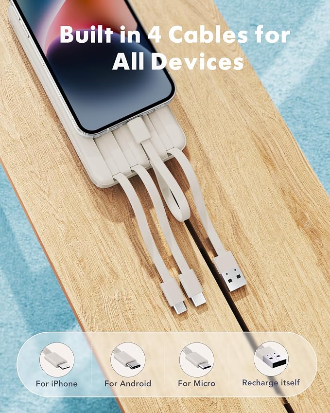 charmast 10000mAh Portable Charger,Built-in 4 Cables,6 Outputs/3 Inputs,3A Fast Charging,Compatible with iPhone,iPad,Samsung,Pixel,LG