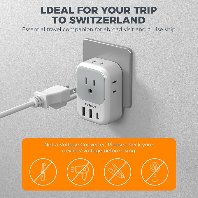 TESSAN Switzerland Travel Plug Adapter, Type J Plug, 2 Pack | 4 Outlets, 3 USB Charging Ports (1 USB C PD 20W), US to Switzerland, Liechtenstein, Rwanda