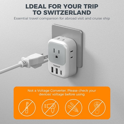 TESSAN Switzerland Travel Plug Adapter, Type J Plug, 2 Pack | 4 Outlets, 3 USB Charging Ports (1 USB C PD 20W), US to Switzerland, Liechtenstein, Rwanda