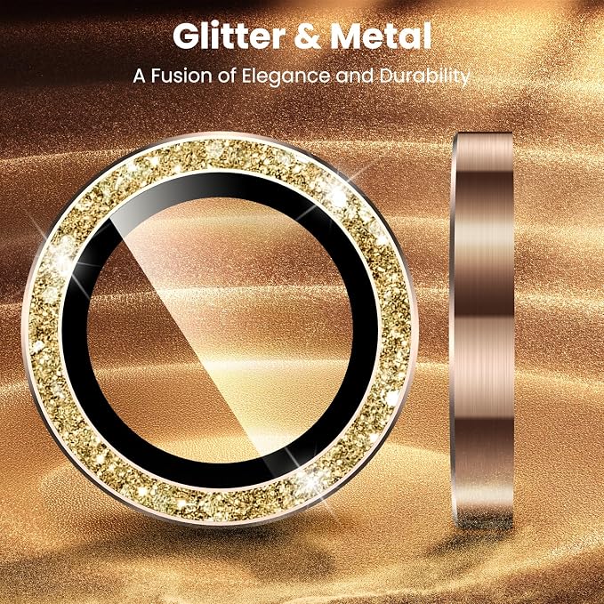 Uyiton 4 Pack Bling for iPhone 15 Pro /15 Pro Max Camera Lens Protector - Not Easy to Break Strong Adsorption Individual Metal Tempered Glass Rear Camera Screen Cover - Glitter Gold