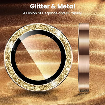 Uyiton 4 Pack Bling for iPhone 15 Pro /15 Pro Max Camera Lens Protector - Not Easy to Break Strong Adsorption Individual Metal Tempered Glass Rear Camera Screen Cover - Glitter Gold
