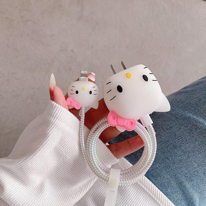 3D Cute Cartoon Wall Charger Protector Case - Compatible for Apple 20W USB-C Power Adapter and Lightning Cable No.01(4in1)