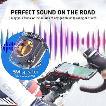 UPPEL Bluetooth Speaker Bicycle, Multifunctional Bike Phone Holder 10-in-1- LED Light - Bike Horn - Microphone - Ideal for Road & Mountain Bike (Black)
