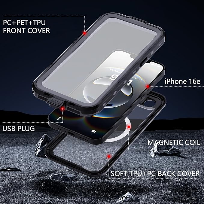 GOLDJU for iPhone 16e Case Waterproof, with IP68 Underwater & Magnetic, Built-in Screen Protector, Full-Body Protective Phone Case for iPhone 16e 2025, Black/Clear
