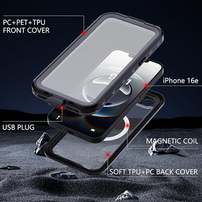 GOLDJU for iPhone 16e Case Waterproof, with IP68 Underwater & Magnetic, Built-in Screen Protector, Full-Body Protective Phone Case for iPhone 16e 2025, Black/Clear