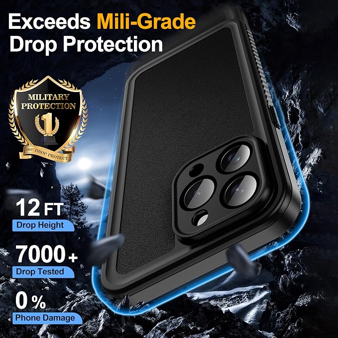GOLDJU 2025 New Designed for iPhone 15 Pro Max Leather Case Waterproof, [Built-in Screen Protector, ][Compatible with MagSafe] Full Body Shockproof Protective Cover for iPhone 15 Pro Max 6.7''- Black