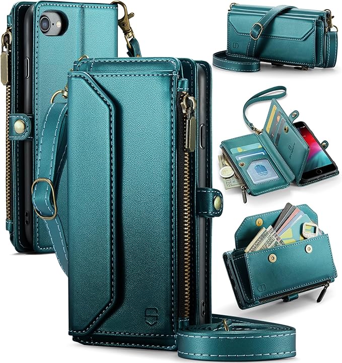 Strapurs Crossbody Wallet Case for iPhone SE in Blue Green