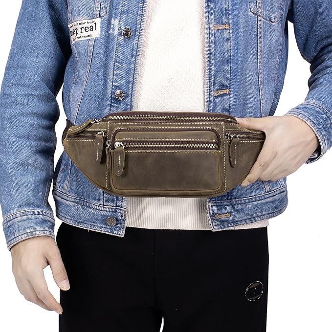 Crazy Horse Cowhide Leather Waist Pack Fanny Bag for Men Women Outdoor Travel Sports Running Walking Hiking Hip Bum Belt Slim Cell Phone Purse Casual Waist Wallet Pouch Deep Brown ﻿