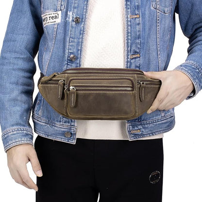 Crazy Horse Cowhide Leather Waist Pack Fanny Bag for Men Women Outdoor Travel Sports Running Walking Hiking Hip Bum Belt Slim Cell Phone Purse Casual Waist Wallet Pouch Deep Brown ﻿