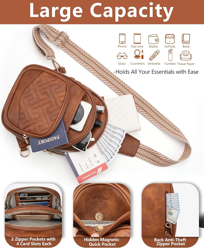 Anti Theft Crossbody Bags for Women, RFID Vegan Leather Sling Purse for Travel, Chest Bag, Cross Body Purses & Fanny Packs(Brown) | Multi-Pocket, 8 RFID Card Slots, Structured bag, Quilted Design