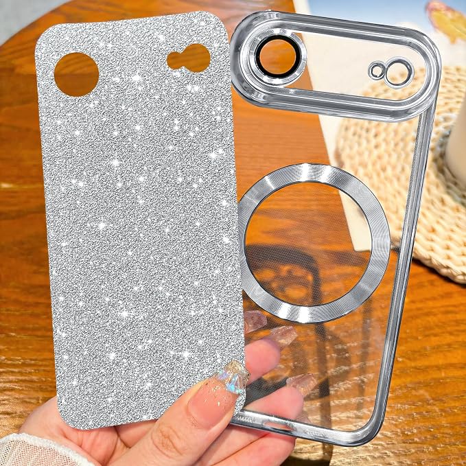 Hython for iPhone Air Case Glitter Clear Magnetic Phone Cases [Compatible with MagSafe] Full Camera Lens Protector Sparkle Luxury Plating Slim Shockproof Protective Cover Women, Silver