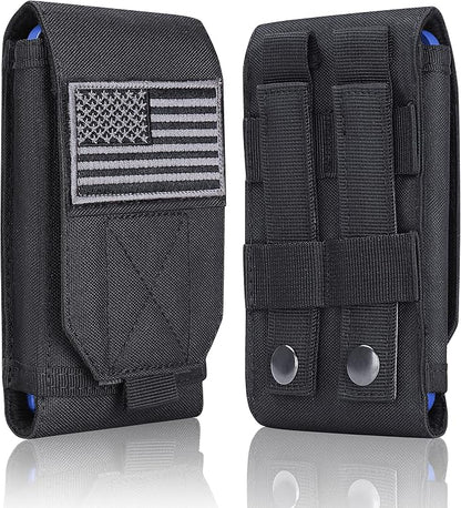 Black Tactical Molle Cellphone Pouch Case,Heavy Duty Waterproof Phone Holster Bag for iPhone 11 12 13 Pro Max for Samsung S22 S21 S20 FE Note 20 A02S Less 6.7" Phone with 2 Pack US Flag Patch