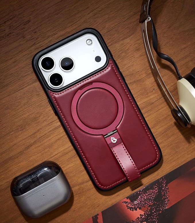 for iPhone 17 Pro Max Leather Case with Stand, Anti-Slip Grip Ring, Fits for MagSafe (Burgundy, iPhone 17 Pro Max)