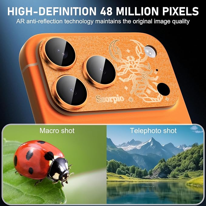 Compatible for iPhone 17 Pro Camera Lens Protector, Virgo Pattern, Drop Protection, Anti Scratch Full-Coverage, AR 360-Degree Protection, Camera Transmfttance HD, Easy Installation, Orange