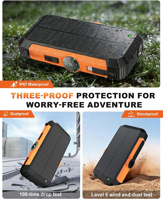 Solar Power Bank with Hand Crank and Retractable Cables, 20000mAh Wireless Portable Charger with USB-C & Camping Light, 25W Fast Charging Battery Pack for iPhone, iPad, Samsung, All Mobile Phones