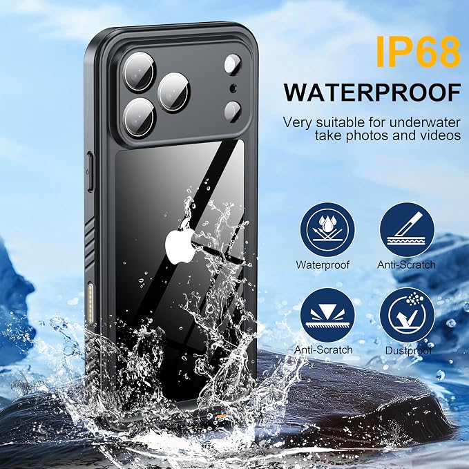 ANTSHARE for iPhone 17 Pro Max Case, IP68 Waterproof Shockproof Case, [Built-in Screen Protector] - 12 FT Military Dropproof - Full Body Heavy Duty Rugged Phone Cover 6.9 inches - Black/Clear