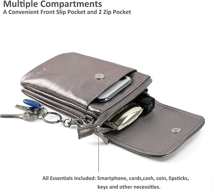 befen Genuine Leather Small Crossbody Bags for Women Cell Phone Bag Cross Body Purses,Silver Zipper