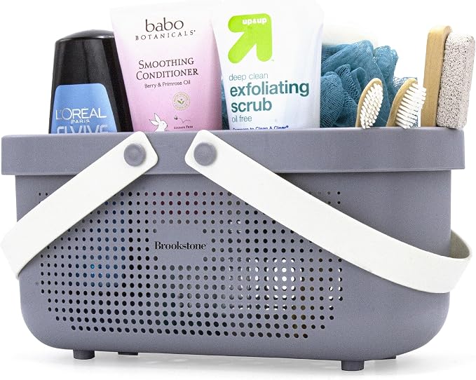 Brookstone Modern Large Portable Shower Caddy with Soft Silicone Carrying Handle, Bathroom Organizer Basket, Plastic Bath Tote and Shower Organizer, Quick Dry Drainage Holes, BPA Free, Grey