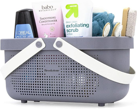 Brookstone Modern Large Portable Shower Caddy with Soft Silicone Carrying Handle, Bathroom Organizer Basket, Plastic Bath Tote and Shower Organizer, Quick Dry Drainage Holes, BPA Free, Grey