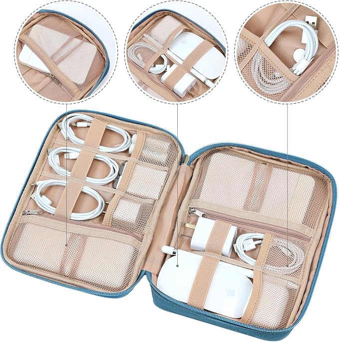 NISHEL Travel Cord Organizer, Electronic Cable Accessories Storage Bag | Bag for chargers, cables, phones, hard drives, USB devices and SD cards, ideal for travel and daily use, Lake-Blue