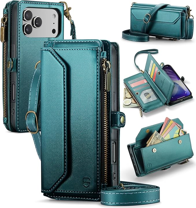 Strapurs Wallet Case Compatible with iPhone 17 Pro 6.3" RFID Blocking 9-Card Holder Soft PU Leather Magnetic Snap Shoulder Strap Zipper Pocket Phone Case Fit for iPhone 17 Pro for Women - Blue Green
