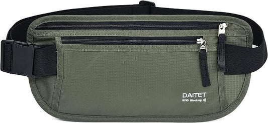 RFID Blocking Money Belt for Men Women, Slim Fanny Pack for Travel，Running,Conceal Waist Wallet for Passport Holder,Phone,Cash(Black Dark Olive Green)