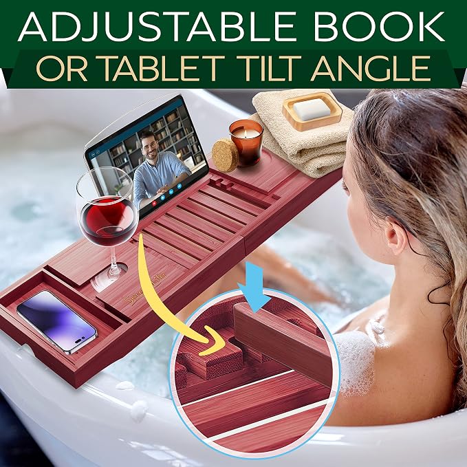 SereneLife Premium Bathtub Tray Caddy with Gift Box and Bow Set, Expandable Bath Tray, Unique House Warming Gifts for Mom, Women, Wedding, Anniversary, Bridal Shower, Fit for All Tub - Stain Brown