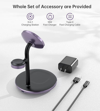 XooFly 3 in 1 Wireless Charging Station for Apple Devices, Fast Wireless Mag-Safe Charger Stand with 20W Adapter for iPhone 17/16 15 14 13 12 Pro Max/Pro/Plus/Air/Mini, iWatch, AirPods(Dark Purple)