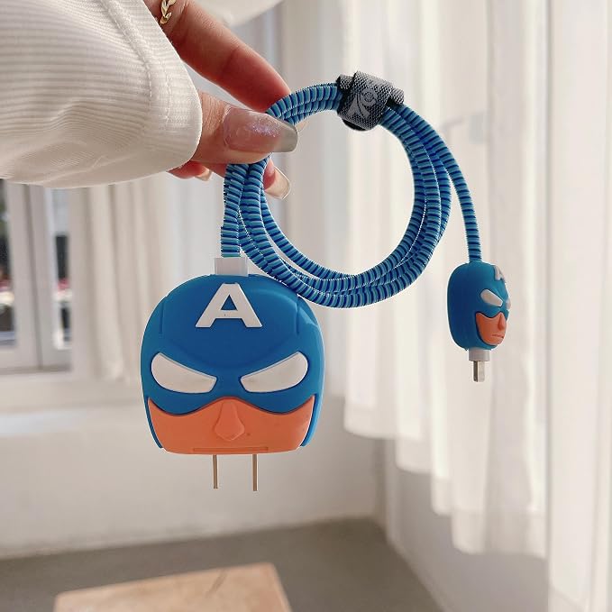 3D Cute Cartoon Charger Protector Case - Compatible for Apple 20W USB-C Power Adapter and Lightning Cable, No.13(4 in1)