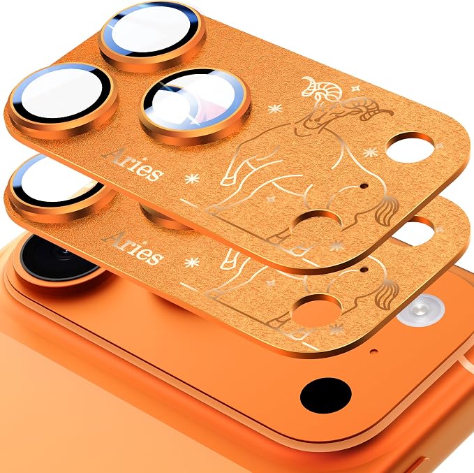 2 Pack Camera Lens Protector for iPhone 17 Pro Max,Aries Pattern, AR 360-Degree Protection,Drop Protection,Anti Scratch Full-Coverage,Camera Transmfttance HD,Easy Installation, Orange