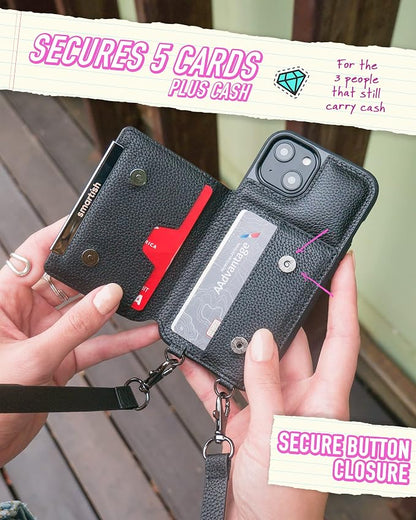 Smartish iPhone 14 Crossbody Wallet Case - Dancing Queen [Purse/Clutch with Detachable Strap & Wristlet] Protective Cover with Credit Card Holder - Stiletto Black - Gunmetal